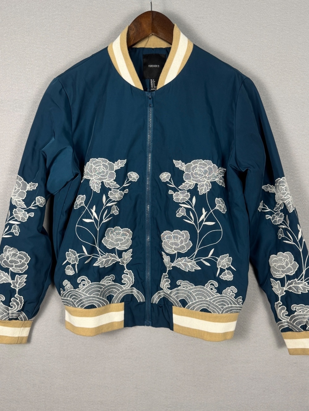 Forever 21 Women S Blue Floral Bomber Jacket